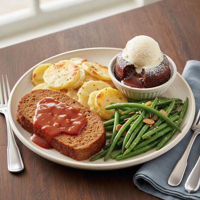 Meatloaf Dinner with Scalloped Potatoes and Green Beans